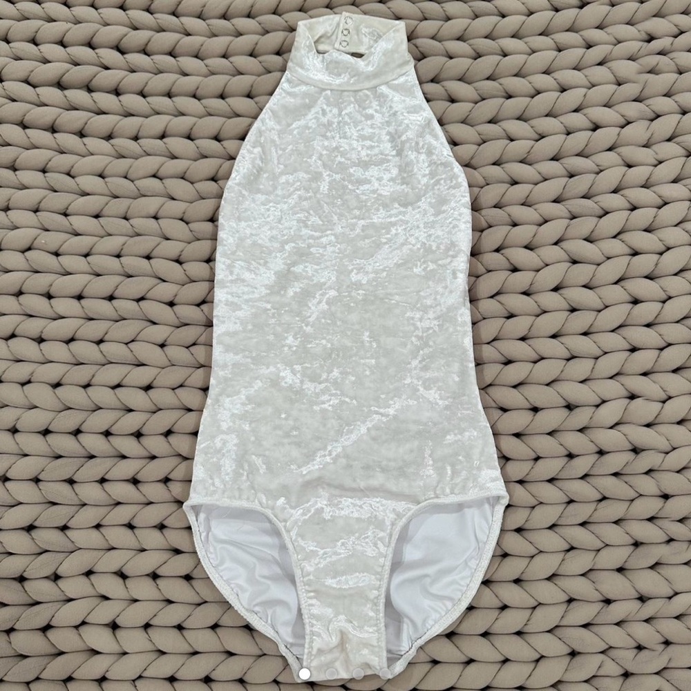 Eleve Dancewear White Crushed Velvet High Neck Leotard